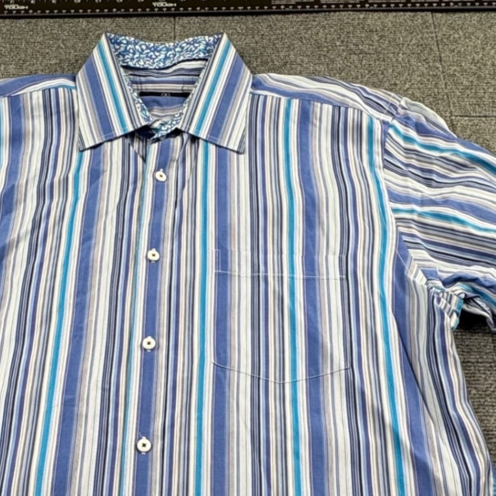 Bugatchi Uomo Mens XL Blue White Striped Long Sleeve Button Down Cotton Shirt
